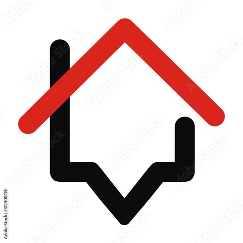 silhouette of house, roof with smokestack, red and black vector icon	