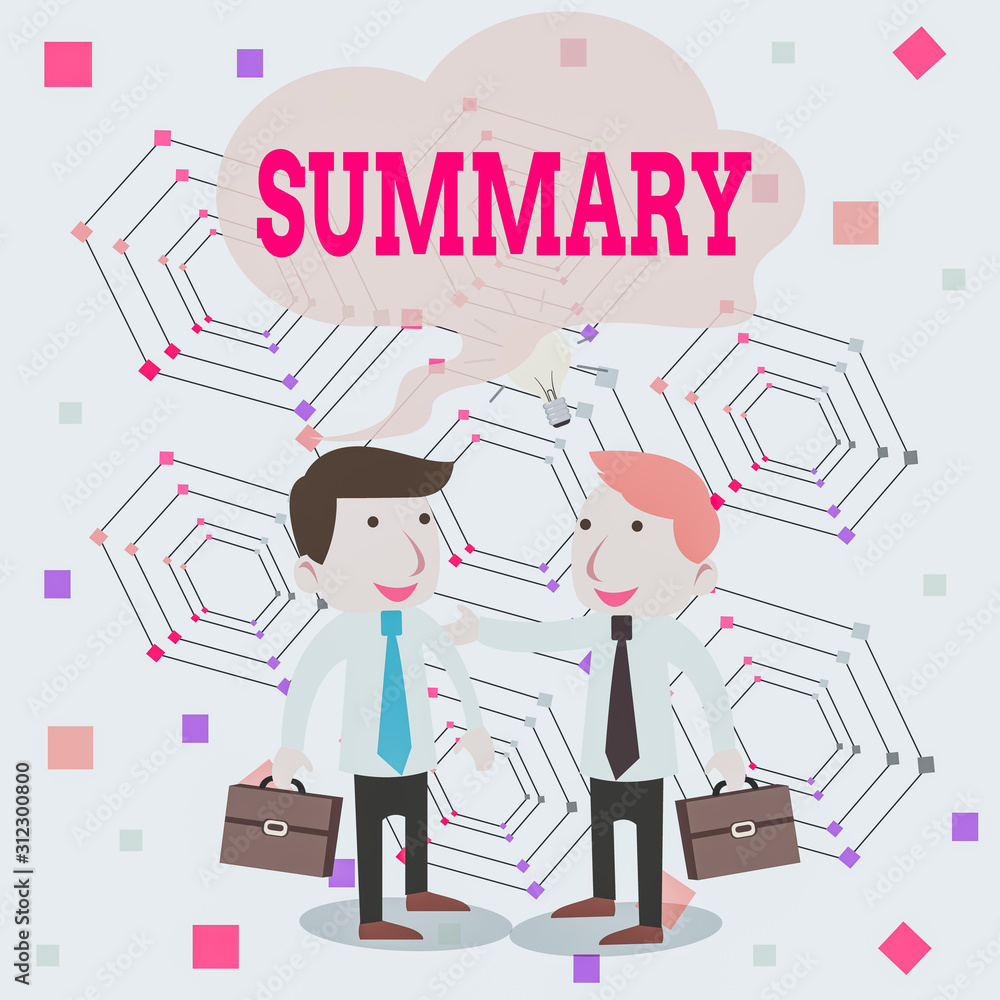 Writing note showing Summary. Business concept for a brief statement or account of the main points of something Two White Businessmen Colleagues with Brief Cases Sharing Idea Solution Writing note showing Summary. Business concept for a brief statement or account of the main points of something Two White Businessmen Colleagues with Brief Cases Sharing Idea Solution