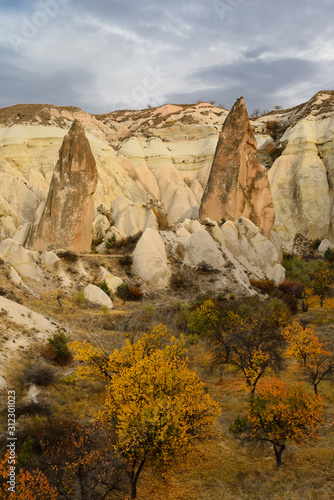 Red pointed Rocks among eroded yellow tuff and Fall colors in the Red Valley Cappadocia Turkey