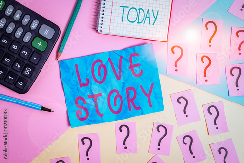 Handwriting text writing Love Story. Conceptual photo it is something such as a novel or movie about a love affair Mathematics stuff and writing equipment above pastel colours background