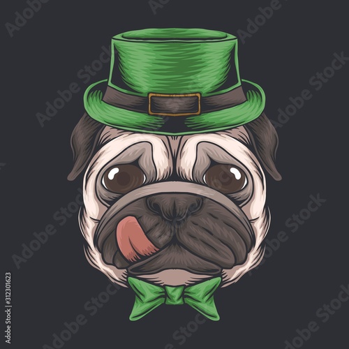 Pug dog head St. patrick's day vector illustration 