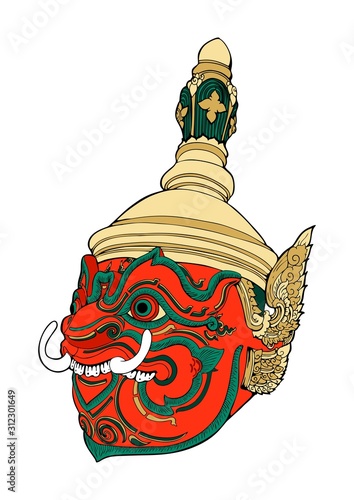 Thao Wessuwan king of giant.Thailand heritage Khon mask Thailand heritage illustration doodle tattoo style vector with true color paint 