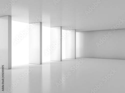 Abstract empty white hall interior with columns near window