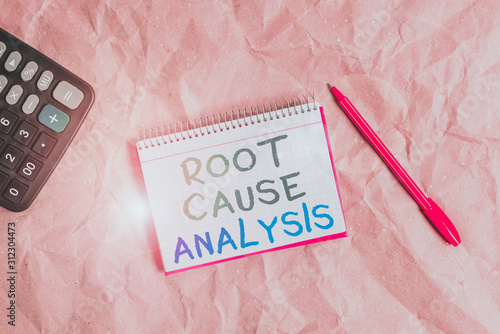 Word writing text Root Cause Analysis. Business photo showcasing Method of Problem Solving Identify Fault or Problem Papercraft craft paper desk square spiral notebook office study supplies photo