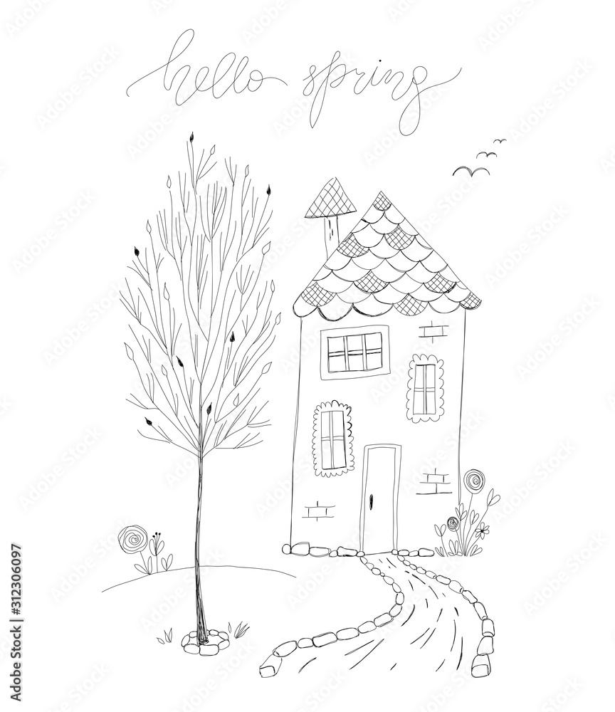 hello spring vector illustration in line art. linear art drawing of a house, tree, flowers and lettering. black and white outline vector ink hand drawn poster. simple easter spring kids greeting card.