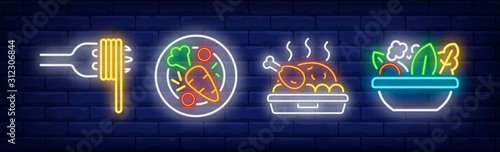 Restaurant food neon sign set