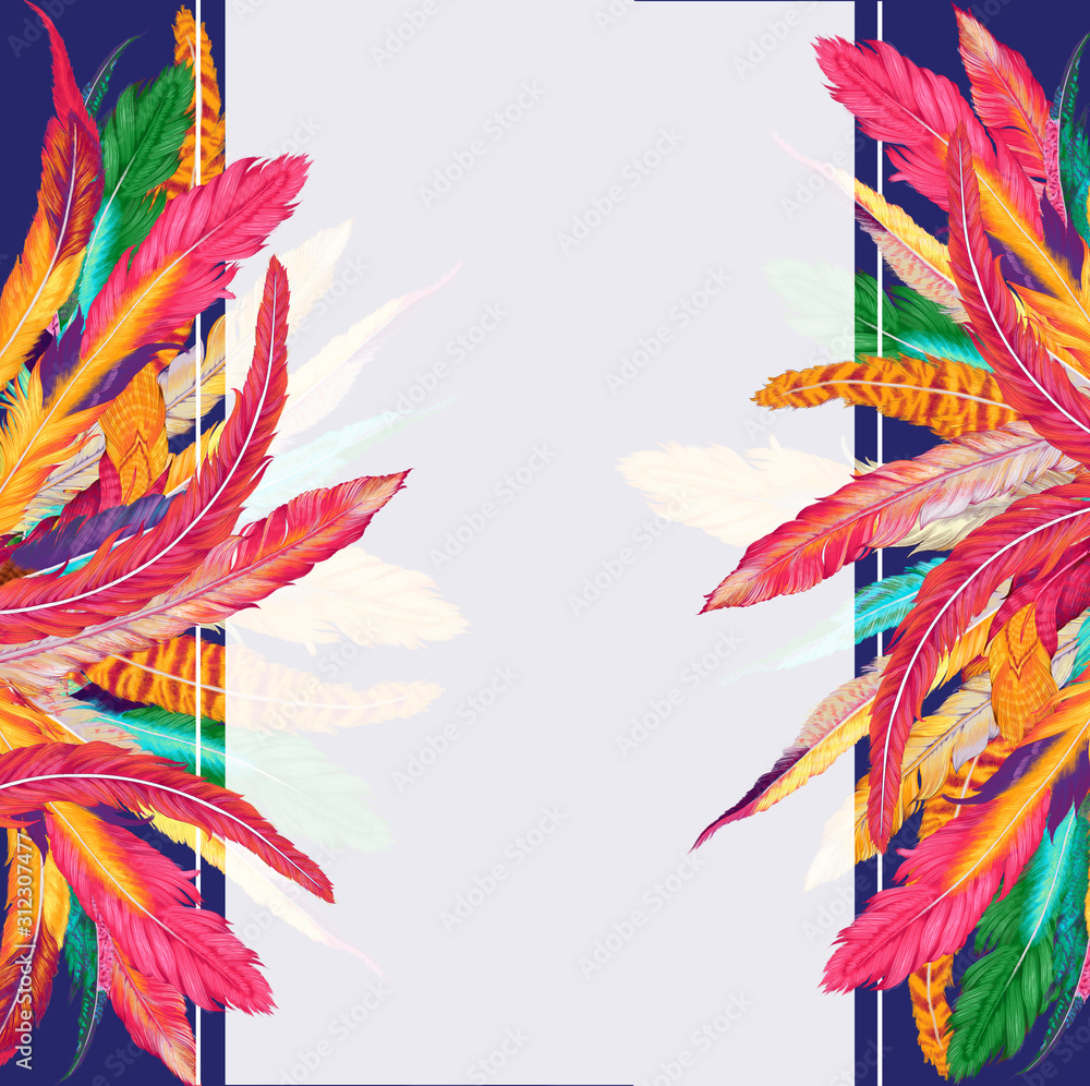 Fototapeta premium Design template with colorful feathers for invitations, wedding greeting cards, certificate, labels.