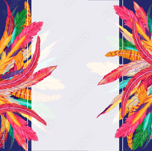 Design template with colorful feathers for invitations, wedding greeting cards, certificate, labels.