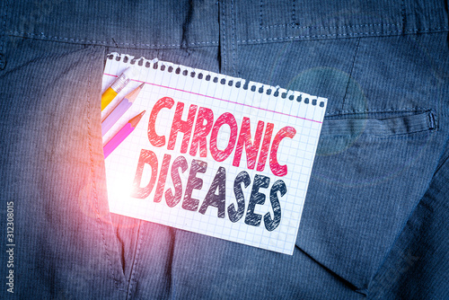 Conceptual hand writing showing Chronic Diseases. Concept meaning A disease or condition that lasts for longer time Writing equipment and white note paper inside pocket of trousers