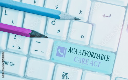 Word writing text Aca Affordable Care Act. Business photo showcasing providing cheap treatment to patient several places White pc keyboard with empty note paper above white background key copy space photo