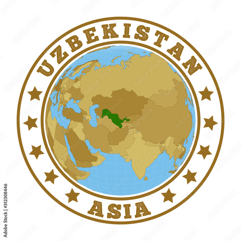 Uzbekistan logo. Round badge of country with map of Uzbekistan in world context. Country sticker stamp with globe map and round text. Vector illustration.