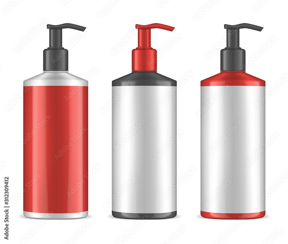 Blank glossy bottle with pump dispenser, realistic vector illustration. Cosmetic product packaging set in black, white, red colors Blank glossy bottle with pump dispenser, realistic vector illustration. Cosmetic product packaging set in black, white, red colors