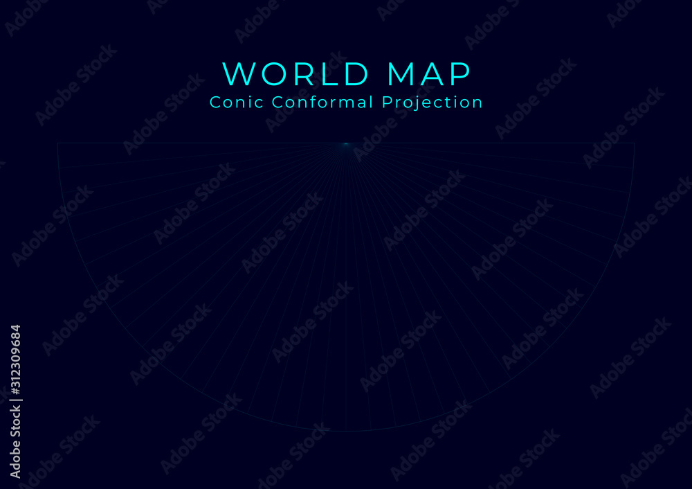 Map of The World. Lambert conformal conic projection. Futuristic Infographic world illustration. Bright cyan colors on dark background. Powerful vector illustration. Map of The World. Lambert conformal conic projection. Futuristic Infographic world illustration. Bright cyan colors on dark background. Powerful vector illustration.