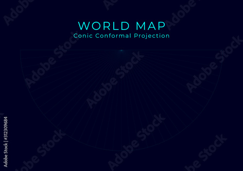 Map of The World. Lambert conformal conic projection. Futuristic Infographic world illustration. Bright cyan colors on dark background. Powerful vector illustration.