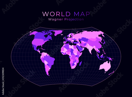 World Map. Wagner projection. Digital world illustration. Bright pink neon colors on dark background. Classy vector illustration.