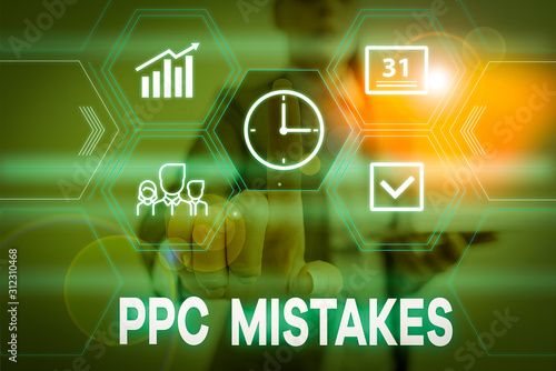 Conceptual hand writing showing Ppc Mistakes. Concept meaning judgment that is misguided or wrong in pay per click scheme Woman wear work suit presenting presentation smart device