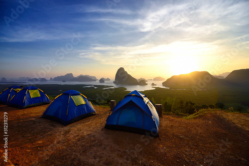Beautiful new unseen view point of Samed Nang Chee Bay, , twilight sky in the morning, Ao Phang Nga National Park, Thailand, traveling and camping concept.