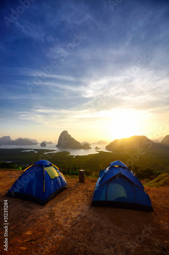 Beautiful new unseen view point of Samed Nang Chee Bay    twilight sky in the morning  Ao Phang Nga National Park  Thailand  traveling and camping concept.