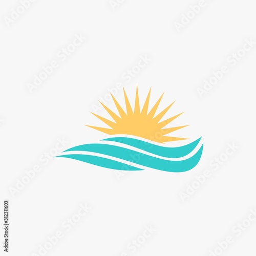 Sea wave logo design. Sunset sunrise illustration design. Wave and sun vector icons.