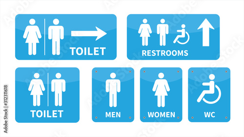 Set toilet signs. Men and women restroom icon sign right arrow. Disabled wheelchair icon. vector illustration