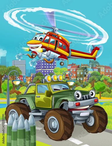 cartoon scene with military army car vehicle on the road and fireman helicopter flying over - illustration for children