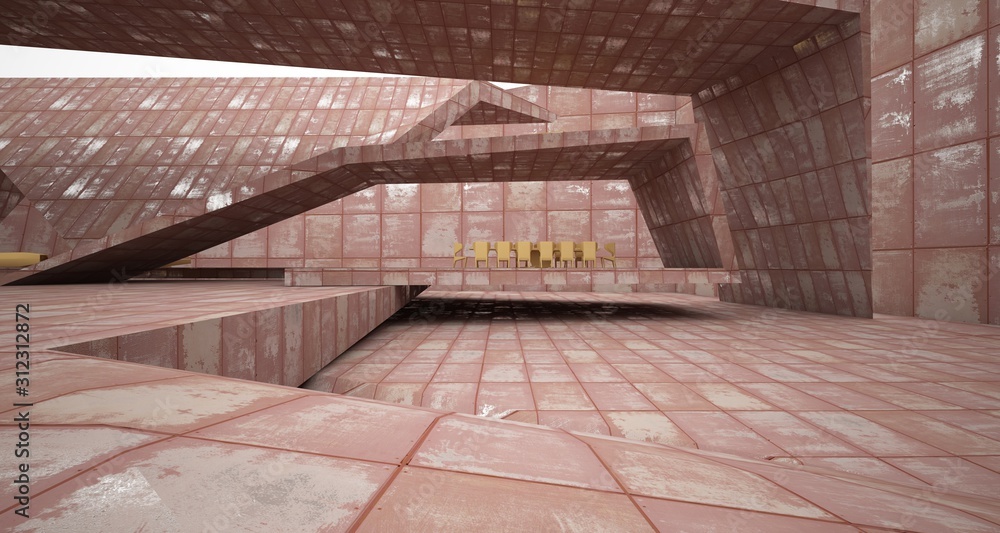 Obraz premium Abstract architectural concrete and rusted metal interior of a minimalist house with swimming pool and large window. 3D illustration and rendering.