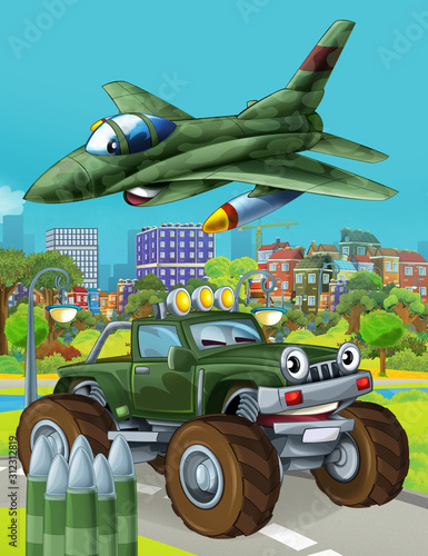 cartoon scene with military army car vehicle on the road and jet plane flying over - illustration for children