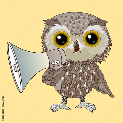 cool owl standing and holding a megaphone in his hand and shouting something, color vector detailed banner or flyer