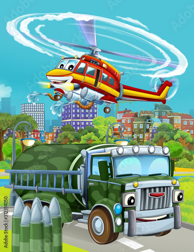 cartoon scene with military army car vehicle on the road and fireman helicopter flying over - illustration for children © honeyflavour