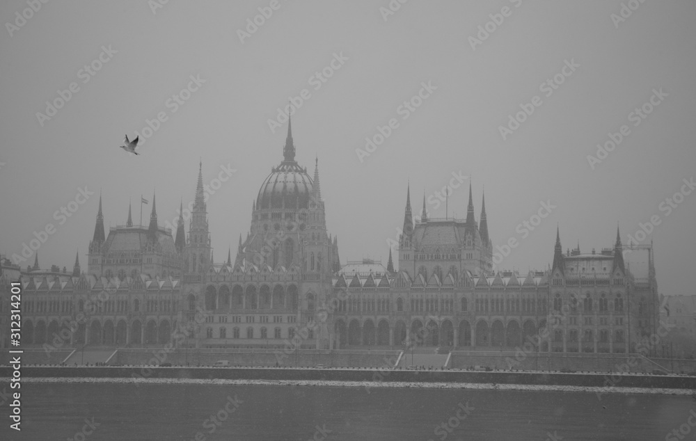 Hungarian parliament in snow, Budapest