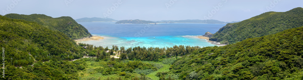 Wide landscape view of Tokashiku Beach on Tokashiki Island in Okinawa, Japan