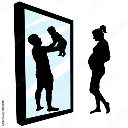 Pregnant woman is standing in front of a mirror. Girl sees in reflection a happy father with a baby in her hands. Family planning, having a baby. Silhouette vector illustration