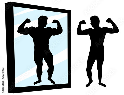 Strong and weak person. Protein result. Man stands in front of a mirror with high self-esteem. Muscled, bodybuilder, jock. Desired or achieved result. Silhouette vector illustration