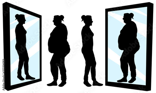 Woman stands in front of a mirror and sees a reflection. Fat and thin girl. Inferiority complex. Thick and thin. Silhouette vector illustration