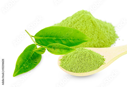 powdered green tea with wooden spoon , isolated on white background