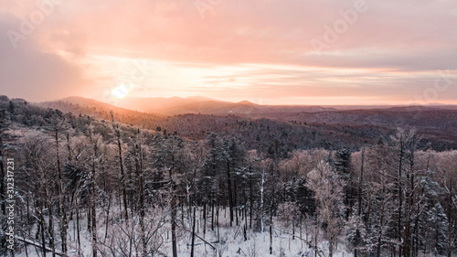 Aerial image from the top of snowy mountain pines in the middle of the winter © suvorovalex