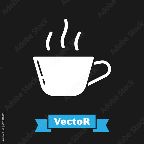 White Coffee cup icon isolated on black background. Tea cup. Hot drink coffee. Vector Illustration