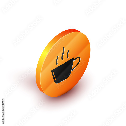 Isometric Coffee cup icon isolated on white background. Tea cup. Hot drink coffee. Orange circle button. Vector Illustration