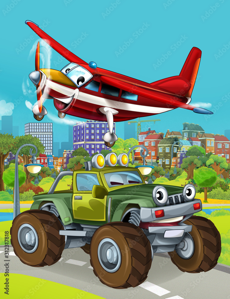 Fototapeta premium cartoon scene with military army car vehicle on the road and fireman plane flying over - illustration for children