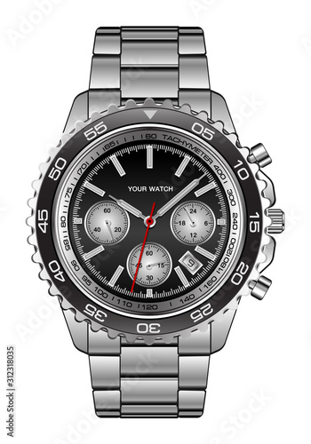 Realistic wristwatch steel black design for men luxury on white background vector illustration.