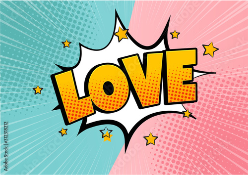 Comic bubble heart shape love pop art retro style. Romance and Valentines day. Love cartoon explosion. Falling in love.