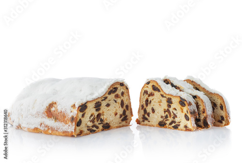 Christmas baked stollen isolated on white background.