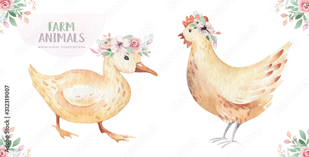 Farms animal isolated set. Cute domestic farm pets watercolor illustration. Chiken and duck baby cartoon drawing.