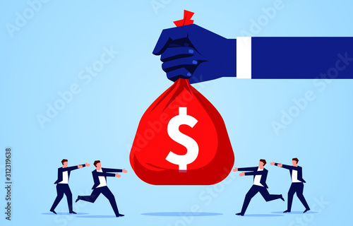 Wages and allowances, huge hands holding money bags to pay employees