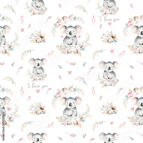 Watercolor cute cartoon little baby and mom koala with floral wreath seamless pattern. tropical fabric background. Mother and baby design. Animal family. Kid love birthday drawing photo