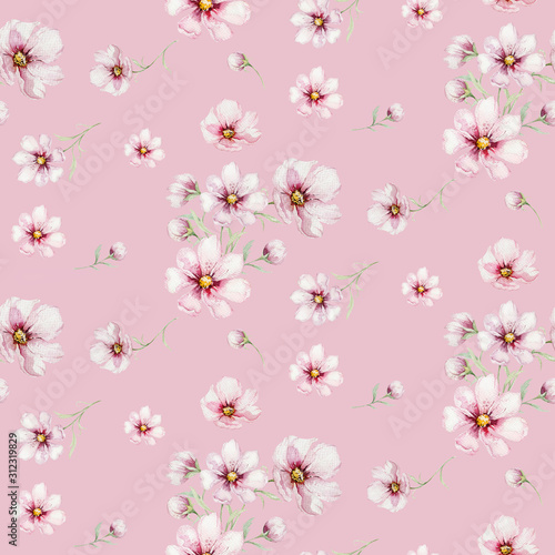 Seamless pattern of blossom pink cherry flowers in watercolor style with white background. Summer blooming japanese sakura branch decoration © kris_art