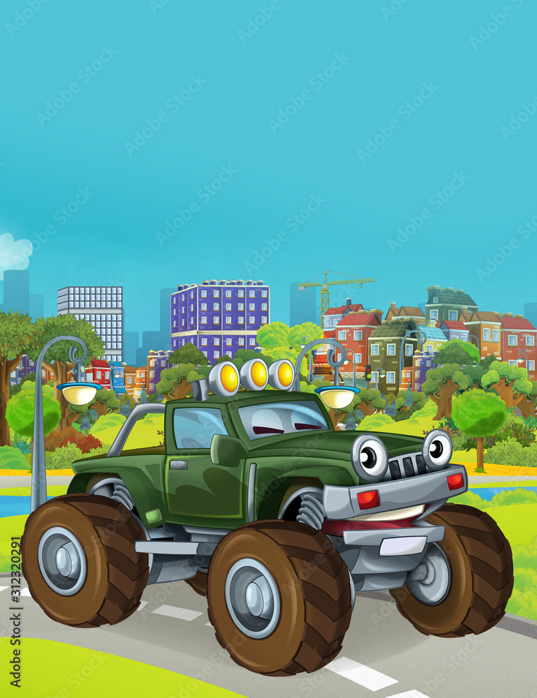 cartoon scene with military army car vehicle on the road - illustration for children