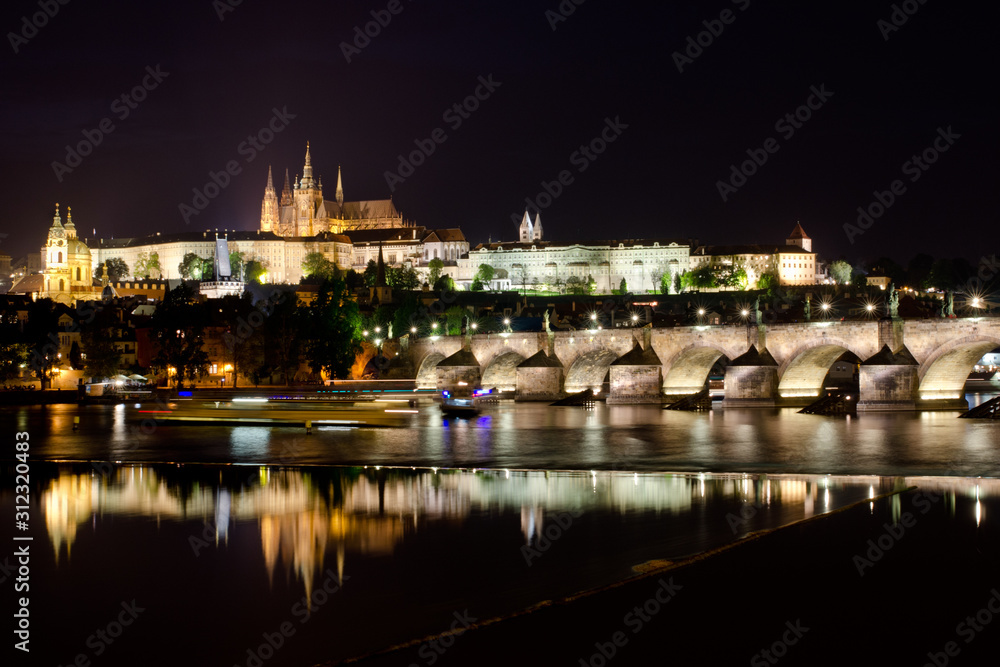 Skyline of the Charles Bridge and the Prague Castle during night
