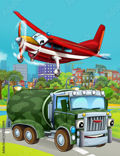 cartoon scene with military army car vehicle on the road and fireman playing flying over - illustration for children