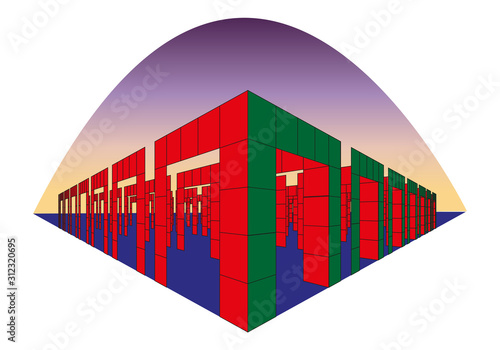 Fondo en 3d de arquitectura rojo y verde.